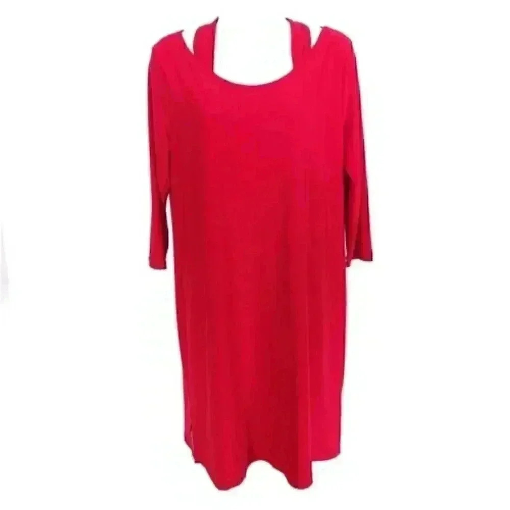Clara Sun Woo Cold Shoulder Dress Red Medium 3/4 Sleeve Square Neck Knee-Length